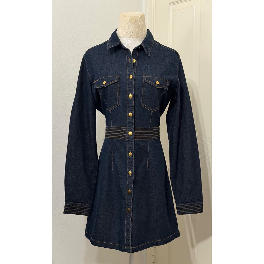 Deja Bleu Women's sz M Premium Denim Shirt Dress Gold Snap Button Western Chic